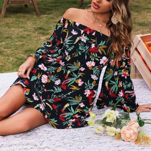 Off Shoulder Dress Tropical Print - Picture 4 of 6